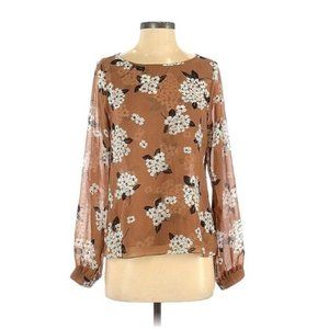Sanctuary Long Sleeve Neutral Floral Blouse Sheer‎ Sleeves Camel Tan Sz Small
